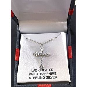 NEW White Sapphire 925 Sterling Silver 18” Chain with 1”‎ Cross Pendant Necklace